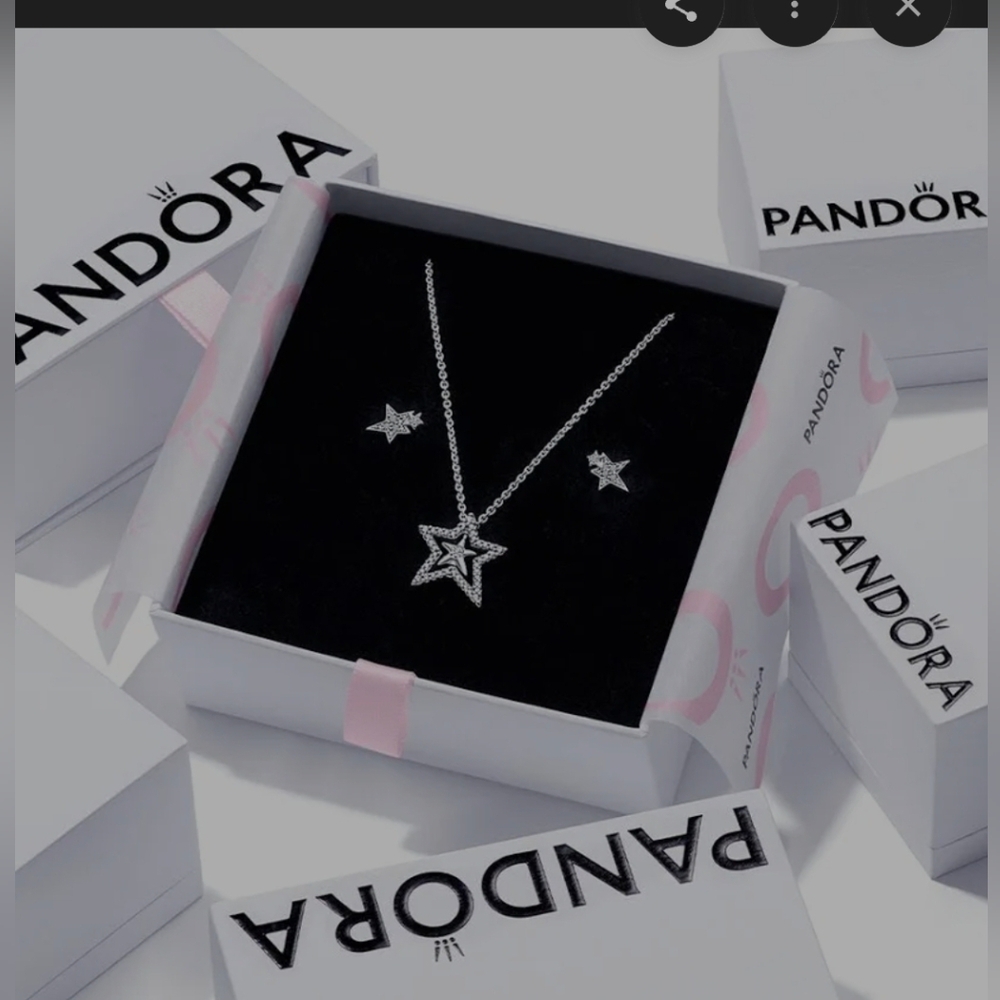 Pandora Silver Star Pendant Necklace And Earing Set. New Condition. Box Included